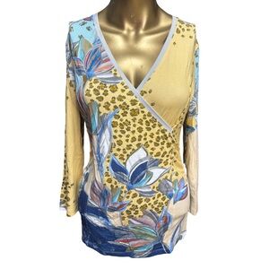 Elegant Floral Wrap Blouse in Yellow and Blue